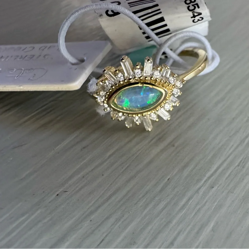 NWT Vintage Genuine Opal Solid Sterling Silver Gold Over Evil Eye Ring Size 7